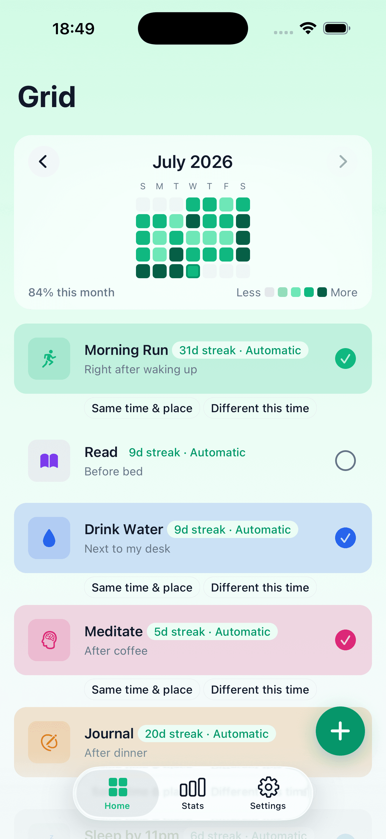 Grid app home screen showing a filled-in contribution grid and habit list