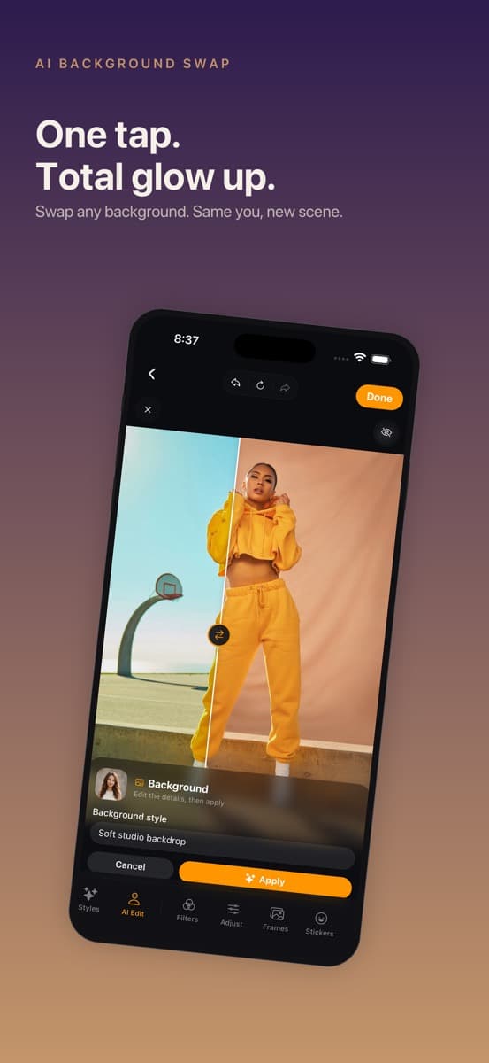 RetroSelfie AI background swap screenshot