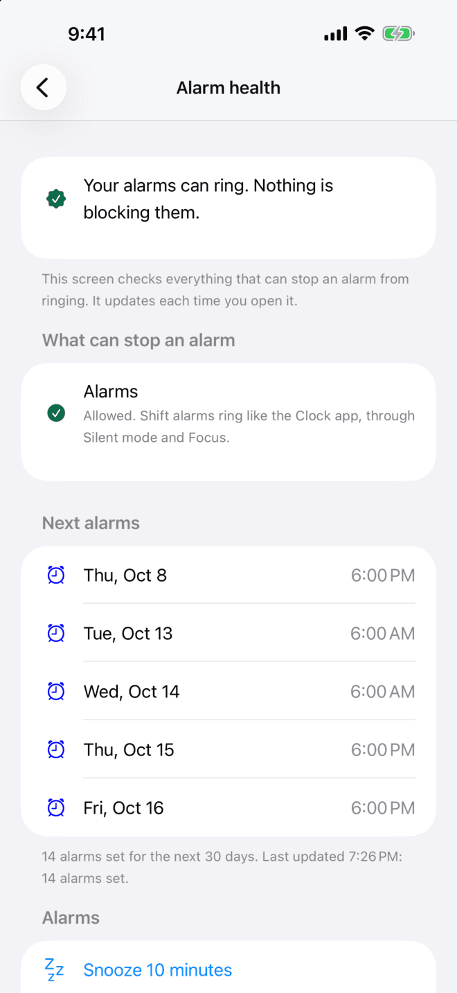 ShiftDeck Alarm health: Your alarms can ring. Nothing is blocking them. Next alarms are listed only on shift days.