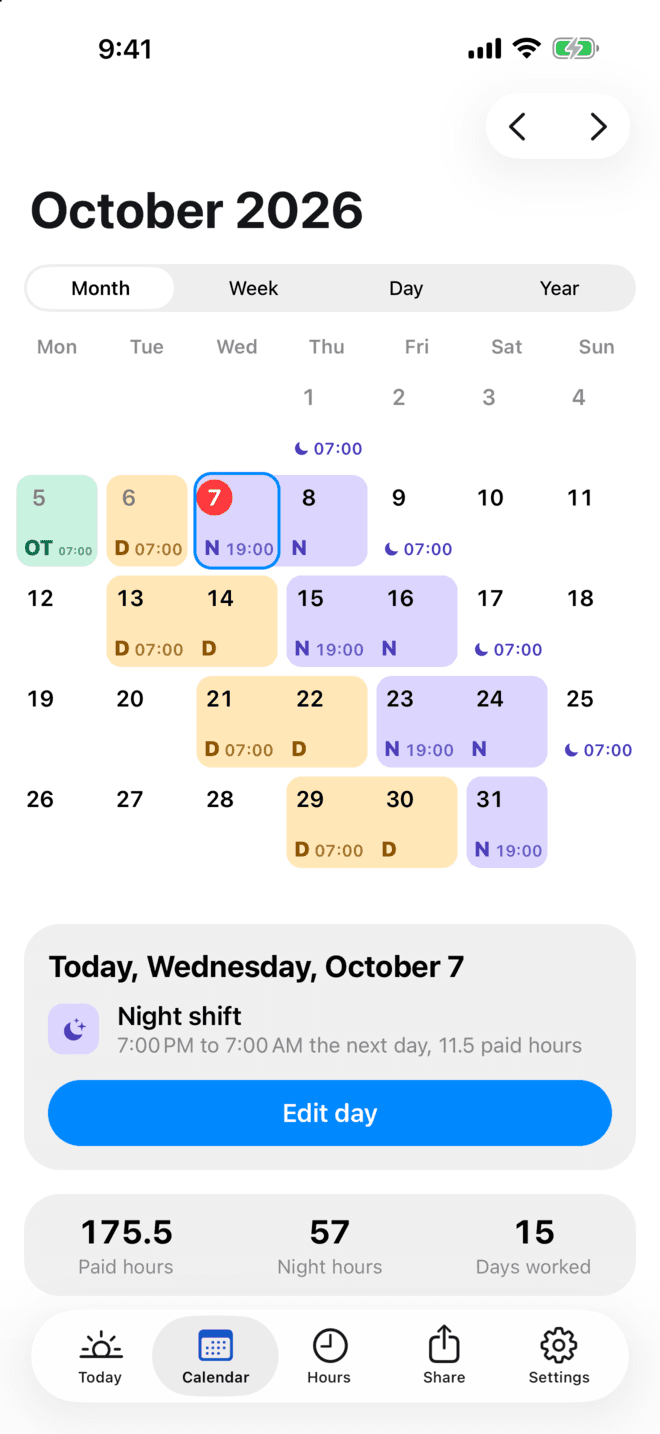 ShiftDeck month calendar for October 2026. Day shifts in amber and night shifts in lavender, each with its start time.