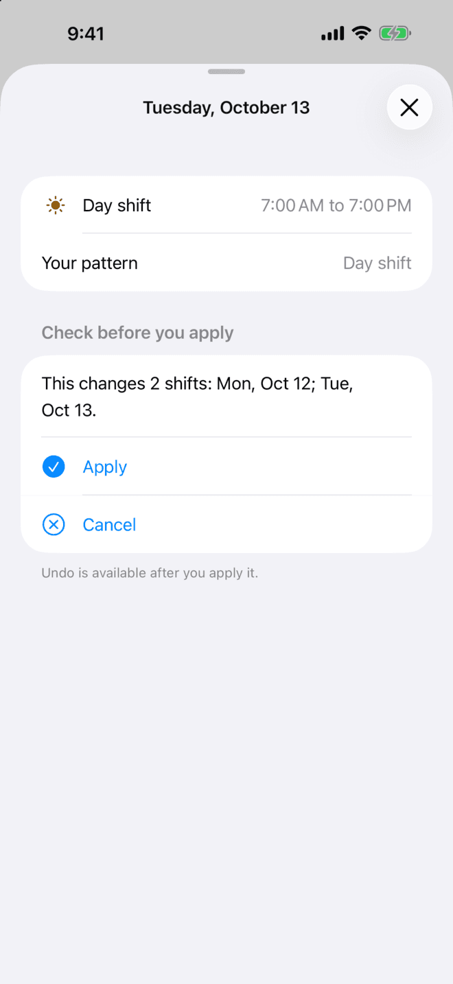 ShiftDeck day sheet: This changes 2 shifts, Mon, Oct 12 and Tue, Oct 13, with Apply and Cancel.
