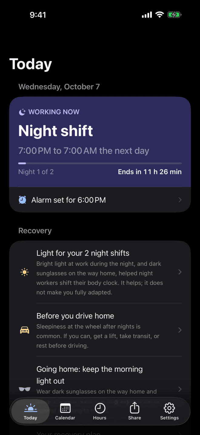 ShiftDeck Today in dark mode: Working now, Night shift, 7:00 PM to 7:00 AM the next day, Night 1 of 2, alarm set for 6:00 PM.
