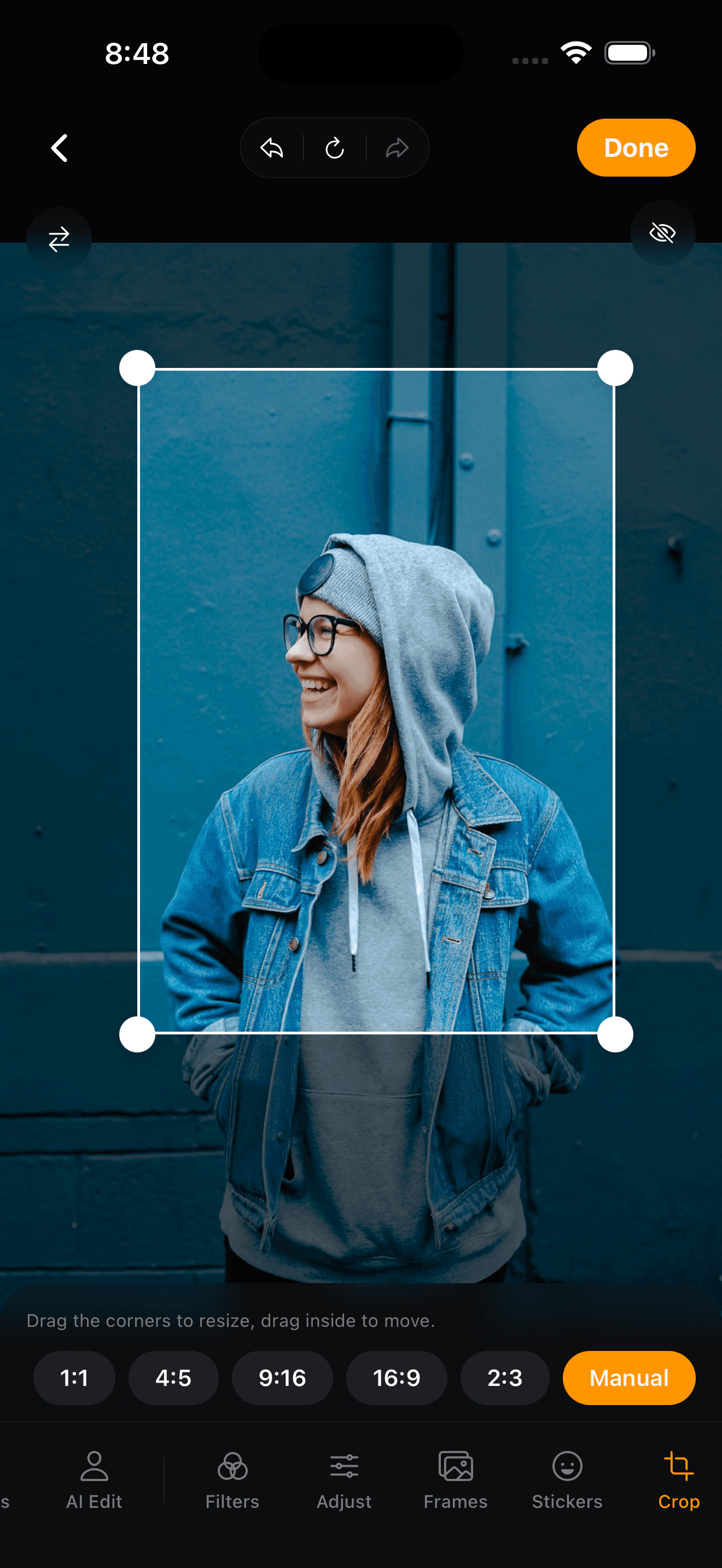 RetroSelfie precision crop tool on iPhone with aspect ratio presets