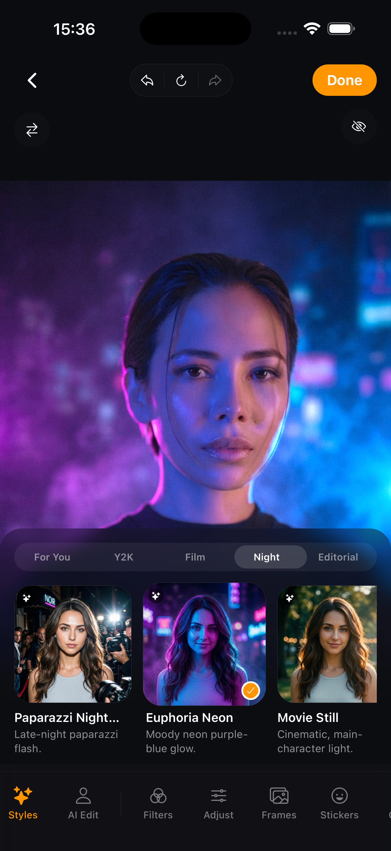 RetroSelfie night style picker on iPhone showing paparazzi, neon, and cinematic looks